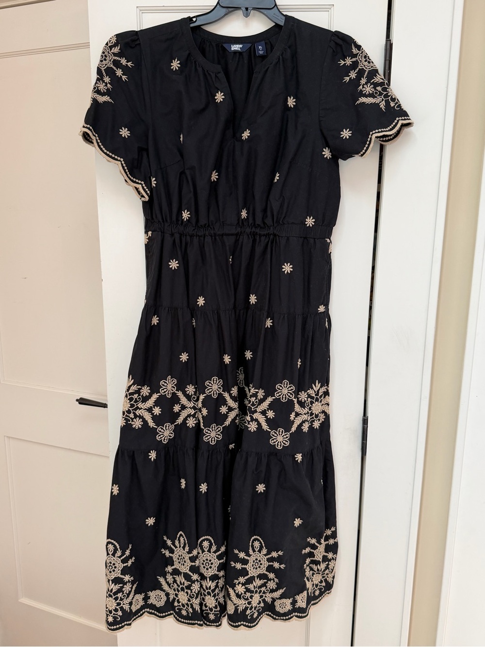 EUC LANDS END BLACK AND TAN COTTON EMBROIDERY CUTOUT DRESS SIZE XL 18